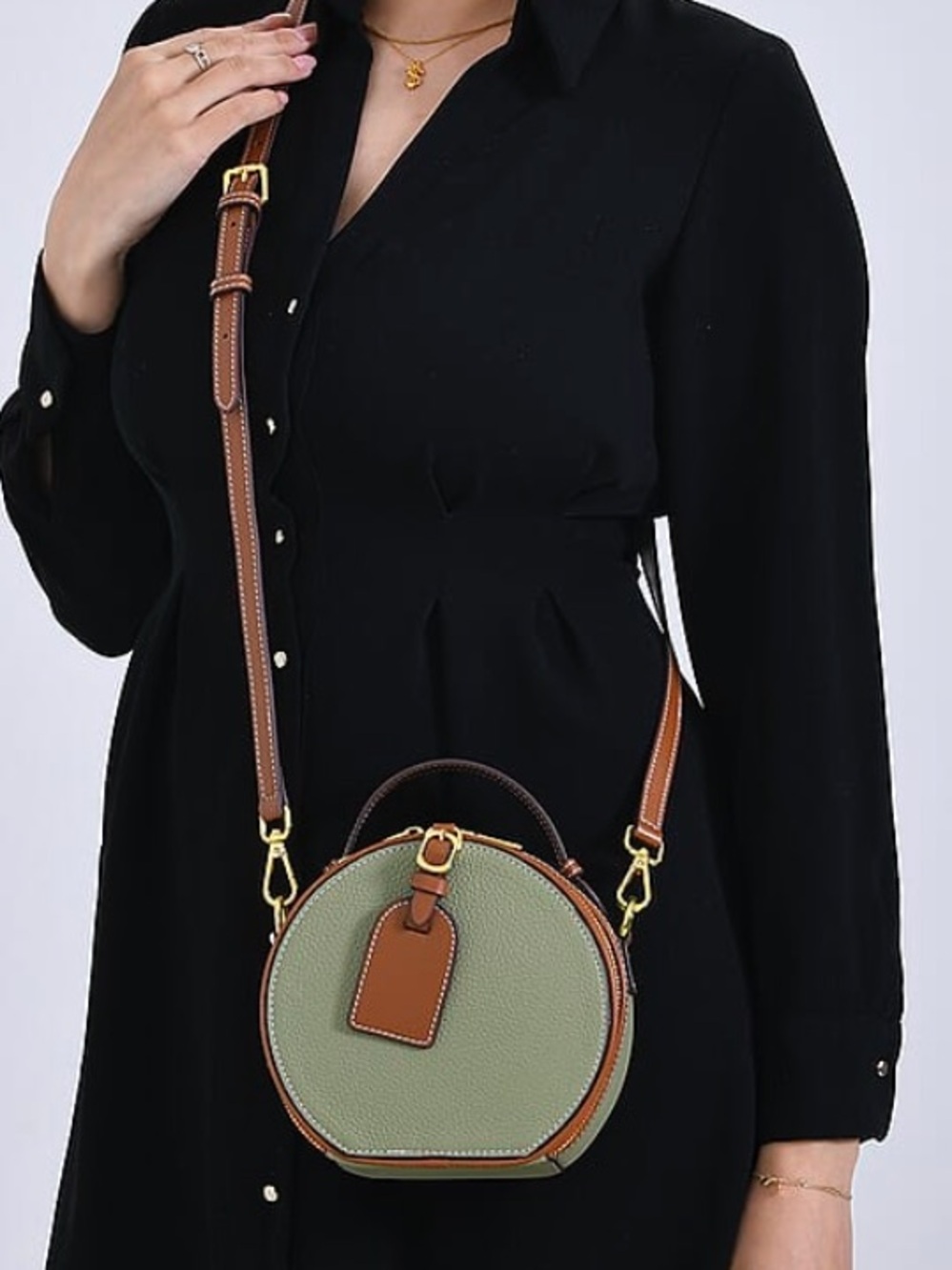 Genuine Pebbled Leather Olive and Tan Round Zippered Crossbody Bag - Picture 2 of 12